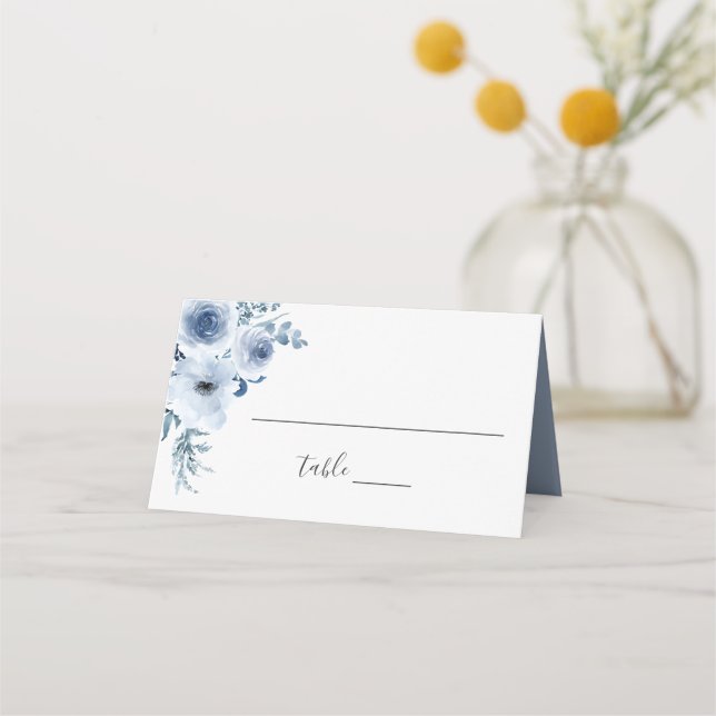 Watercolor Dusty Blue Bohemian Floral Wedding Place Card (Front)
