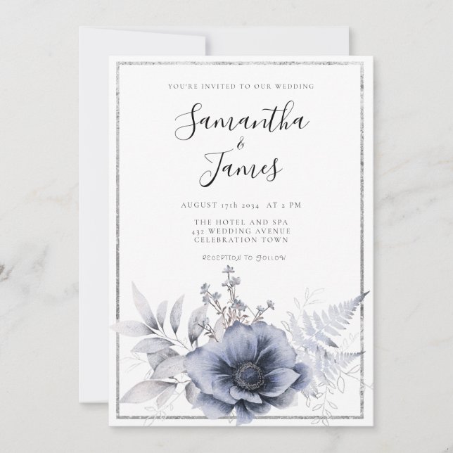 Watercolor Dusty Blue Boho Floral Wedding Invitation (Front)
