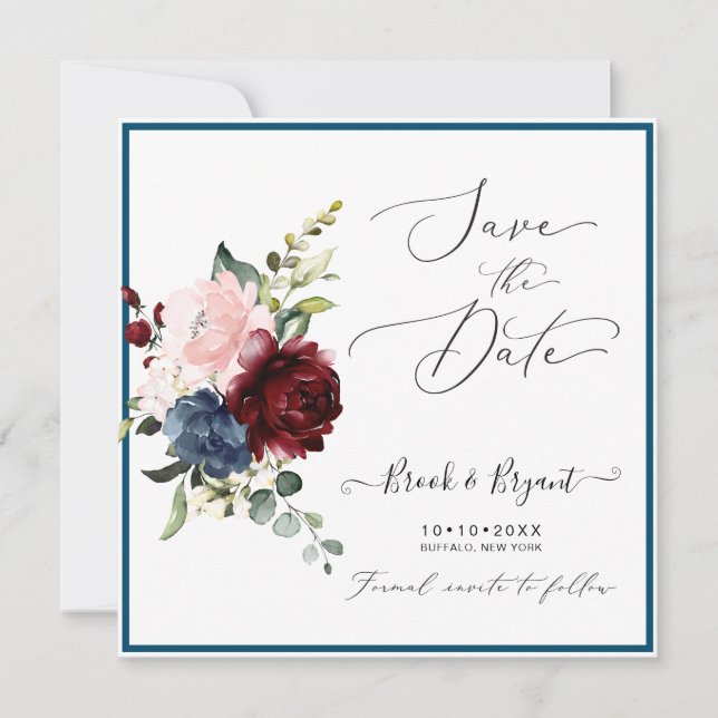 Watercolor Dusty Blue Burgundy Blush Roses Invitation (Front)