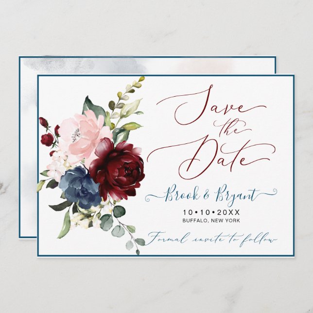 Watercolor Dusty Blue Burgundy Blush Roses Invitation (Front/Back)