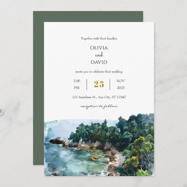 Watercolor Dusty Blue Coastal Woodsy Beach Wedding Invitation (Front/Back)