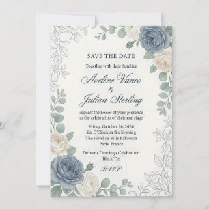 Watercolor Dusty Blue & Cream Rose Wedding  Invitation