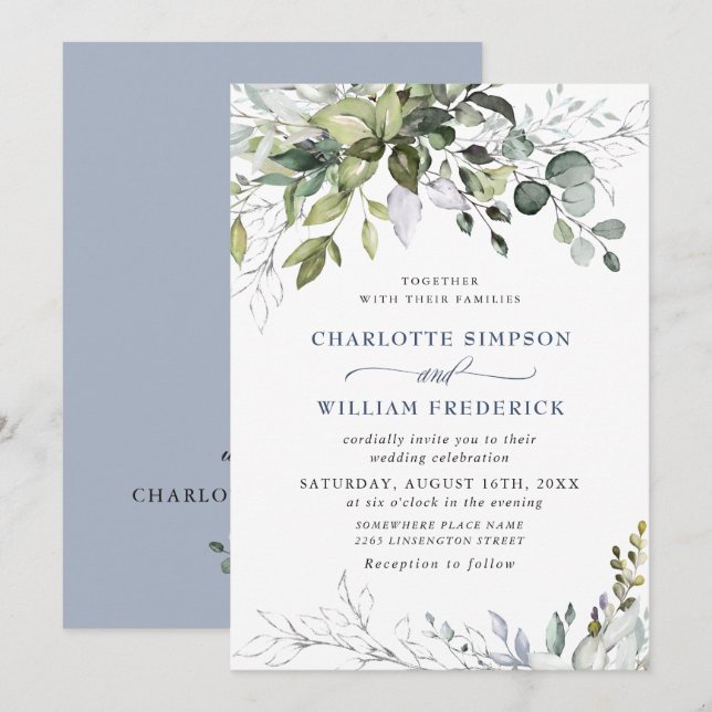 Watercolor Dusty Blue Eucalyptus Greenery Wedding Invitation (Front/Back)