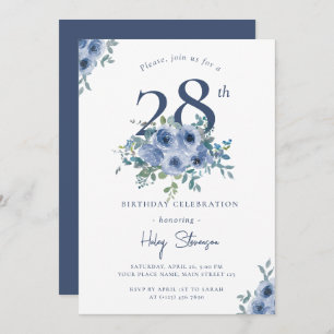 Watercolor Dusty Blue Floral 28th Chic Birthday Invitation