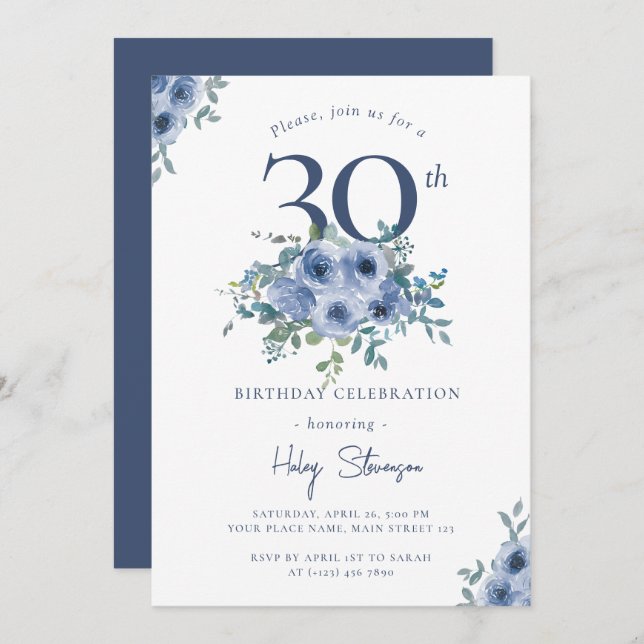 Watercolor Dusty Blue Floral 30th Chic Birthday Invitation (Front/Back)