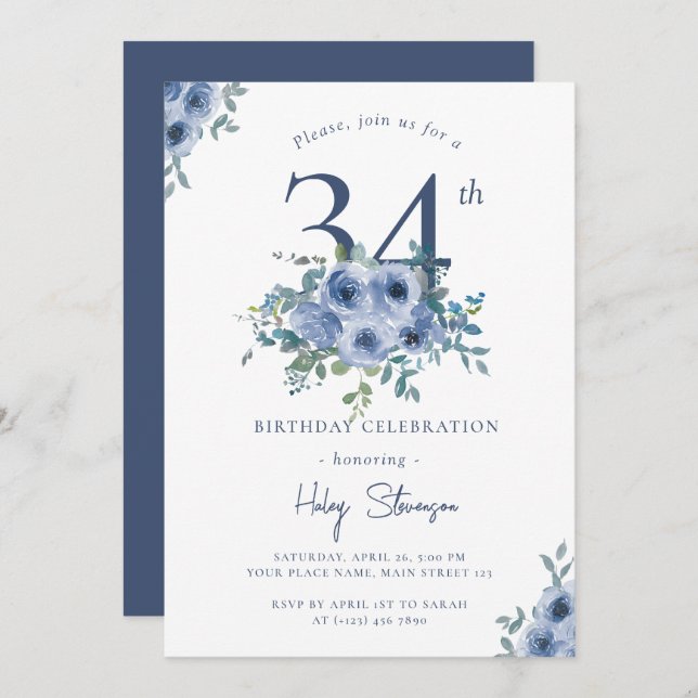 Watercolor Dusty Blue Floral 34th Chic Birthday Invitation (Front/Back)