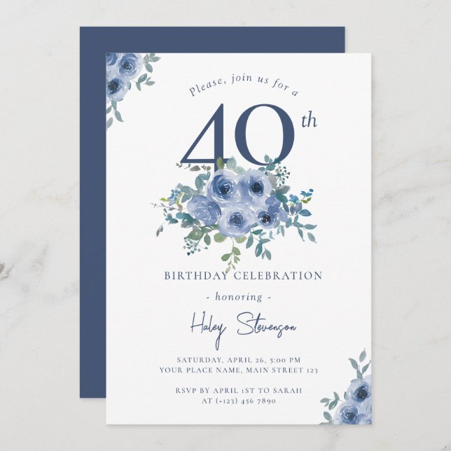 Watercolor Dusty Blue Floral 40th Chic Birthday Invitation (Front/Back)