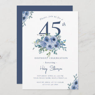 Watercolor Dusty Blue Floral 45th Chic Birthday Invitation
