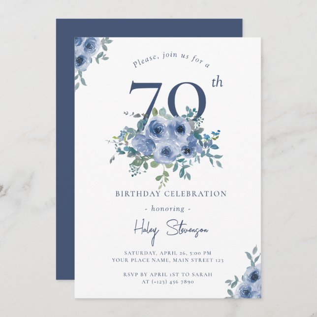 Watercolor Dusty Blue Floral 70th Chic Birthday Invitation (Front/Back)