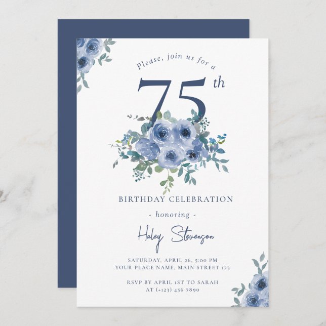 Watercolor Dusty Blue Floral 75th Chic Birthday Invitation (Front/Back)