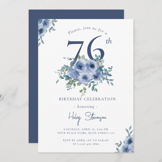 Watercolor Dusty Blue Floral 76th Chic Birthday Invitation (Front/Back)