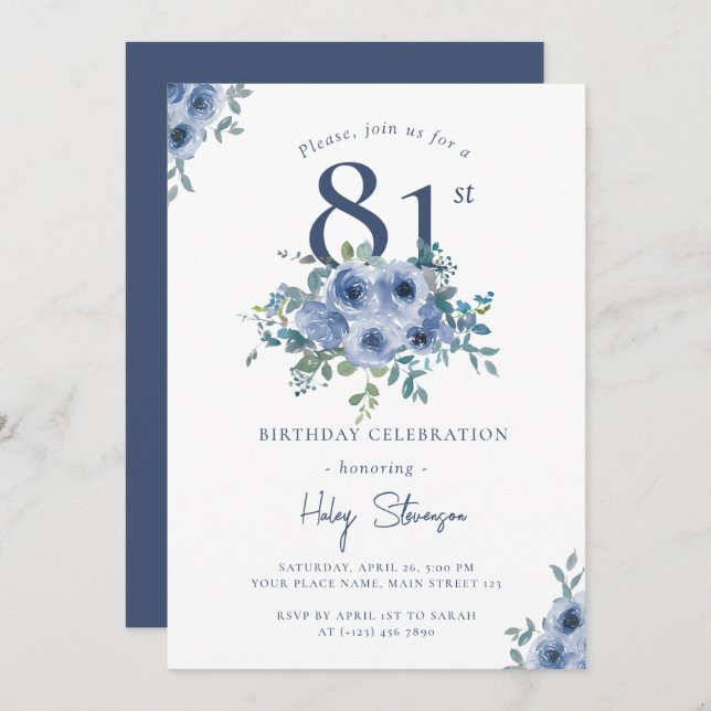 Watercolor Dusty Blue Floral 81st Chic Birthday Invitation (Front/Back)