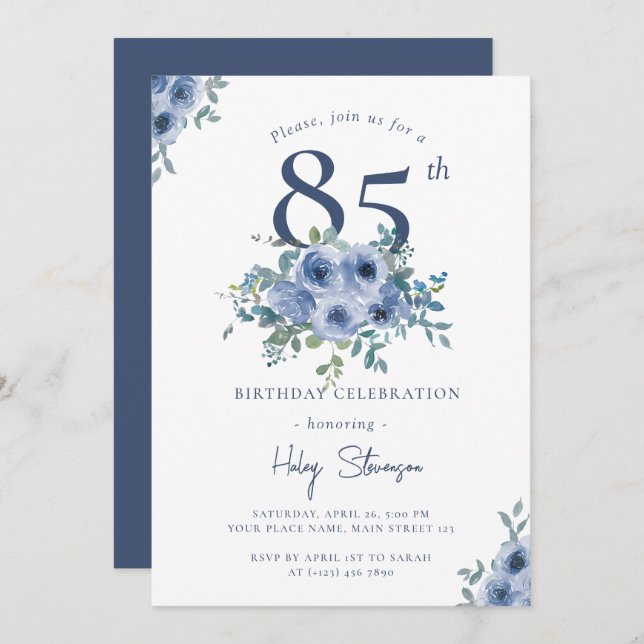 Watercolor Dusty Blue Floral 85th Chic Birthday Invitation (Front/Back)