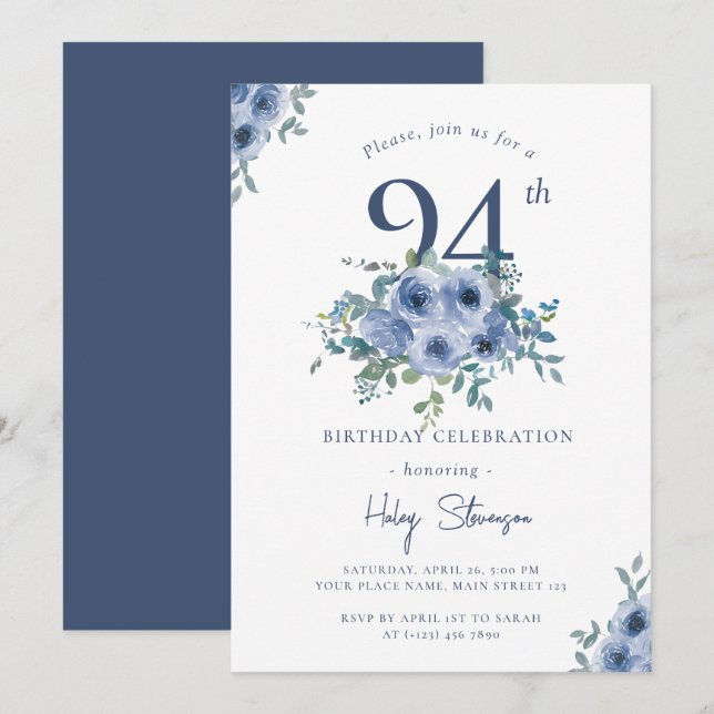 Watercolor Dusty Blue Floral 94th Chic Birthday Invitation (Front/Back)