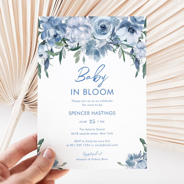 Watercolor Dusty Blue Floral Baby Shower Invitation (Creator Uploaded)