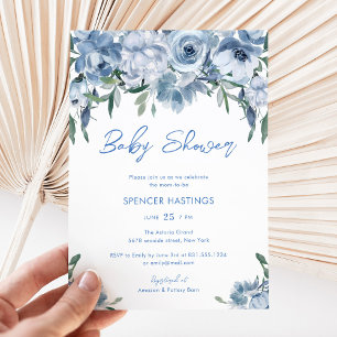 Watercolor Dusty Blue Floral Baby Shower Invitation