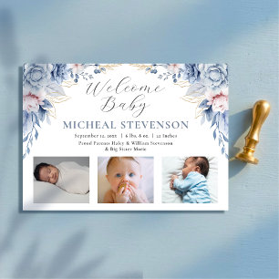 Watercolor Dusty Blue Floral Boy 3 Photo Birth Announcement