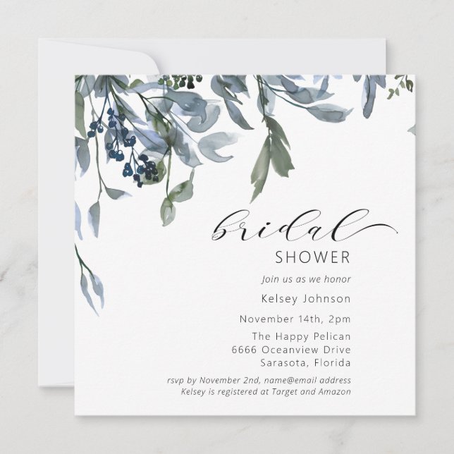 Watercolor Dusty Blue Floral Bridal Shower Invitation (Front)
