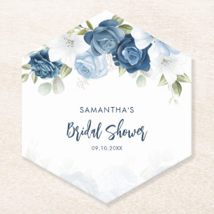 Watercolor Dusty Blue Floral Bridal Shower Paper Coaster