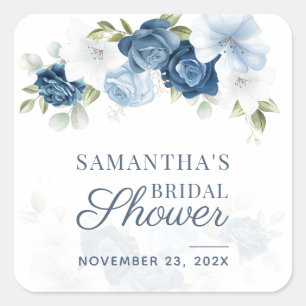 Watercolor Dusty Blue Floral Bridal Shower Square Sticker