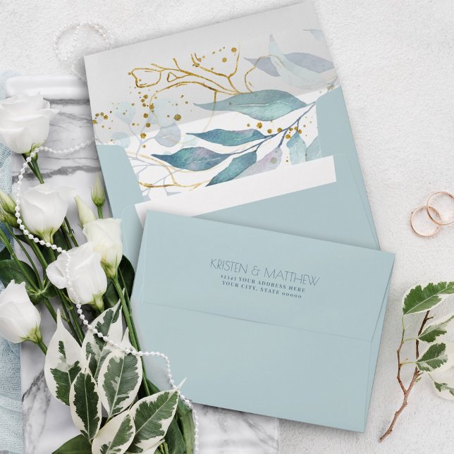 Watercolor Dusty Blue Floral Elegant Envelope (Dusty blue greenery elegant watercolor botanical envelope with gold accents for a bohemian feel.)