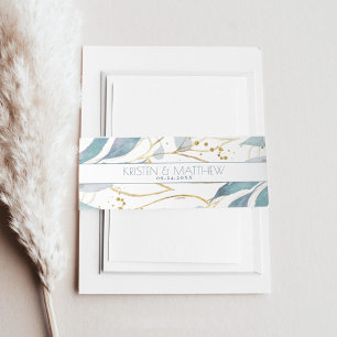 Watercolor Dusty Blue Floral Elegant Gold Wedding Invitation Belly Band