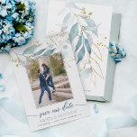 Watercolor Dusty Blue Floral Elegant Photo Wedding Save The Date<br><div class="desc">Hoping to add all kinds of romance to your wedding day? Whether you're planning an outdoor, garden-inspired wedding or simply love adding a botanical feel to your wedding, floral details add an element of elegance to your event's stationery. Soft, watercolor blue greenery with gold accents show your colourful side and...</div>