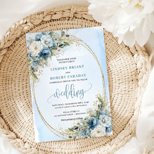Watercolor Dusty Blue Floral Gold Glitter Invite