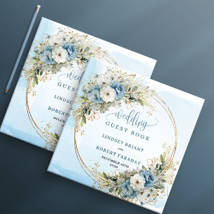Watercolor Dusty Blue Floral Gold Glitter Wedding Guest Book