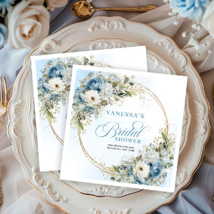 Watercolor Dusty Blue Floral Gold Shower Napkins