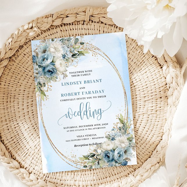 Watercolor Dusty Blue Floral Gold Wedding Invite (Watercolor Dusty Blue Floral Gold Wedding Invitation)