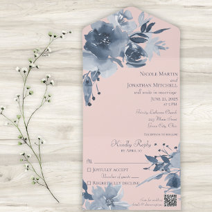 Watercolor Dusty Blue Floral on Blush with QR Code All In One Invitation