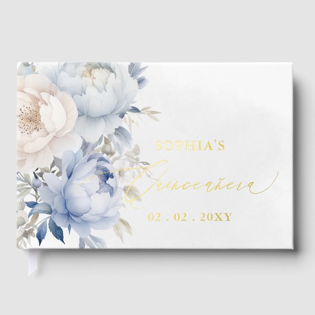Watercolor Dusty Blue Floral Quinceañera Guest Book (Front)