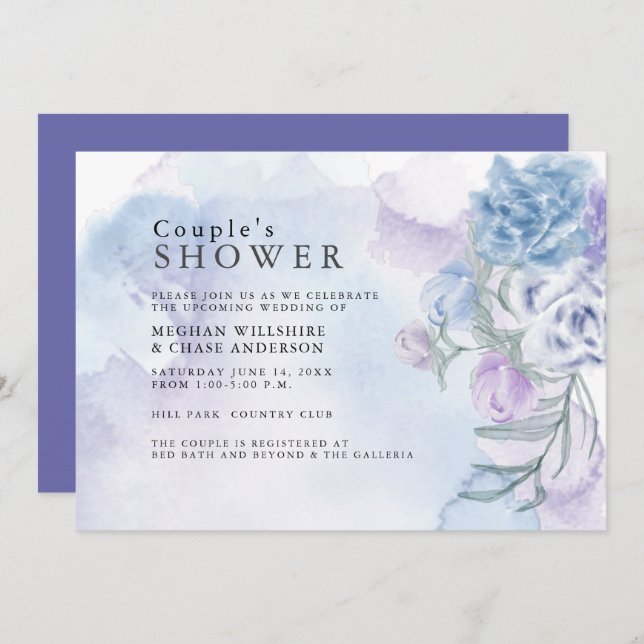 Watercolor Dusty Blue Floral Shower Invitation (Front/Back)