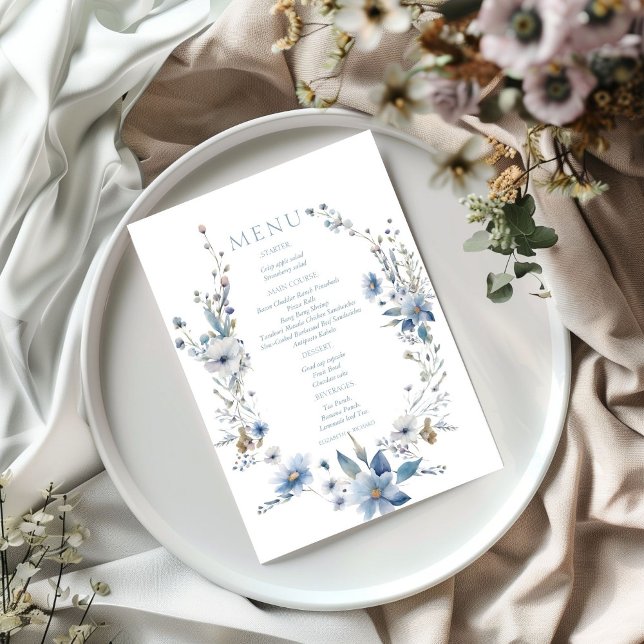 Watercolor Dusty Blue Floral Spring bloom Wedding  Menu (Creator Uploaded)