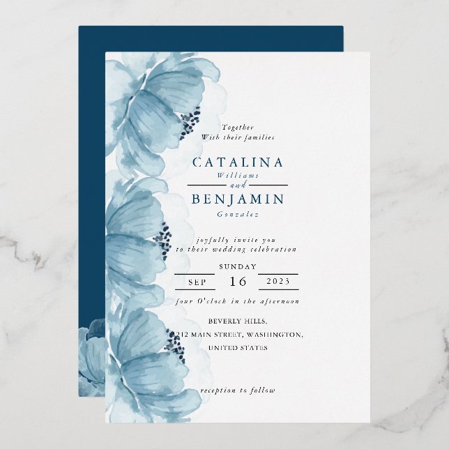 Watercolor Dusty Blue Floral Wedding  Foil Invitat (Front/Back)