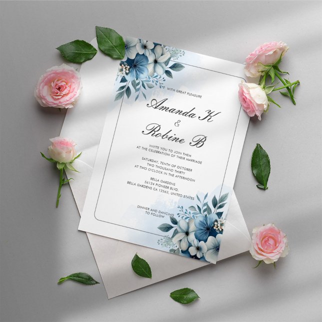 Watercolor Dusty Blue Floral Wedding Invitation (Creator Uploaded)