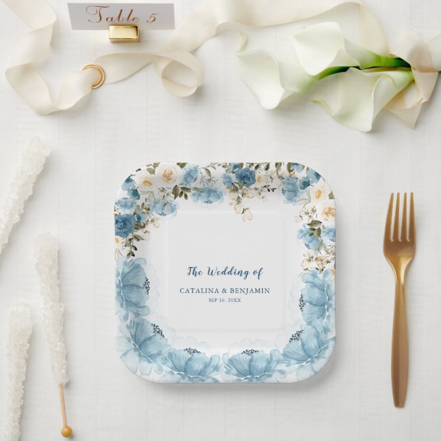 Watercolor Dusty Blue Floral Wedding  Paper Plates (Wedding)