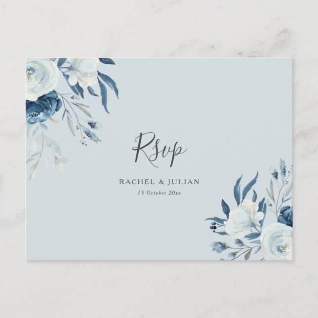 Watercolor dusty blue floral wedding RSVP Postcard (Front)
