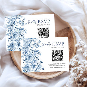 Watercolor Dusty Blue Floral Wedding RSVP QR Code Card