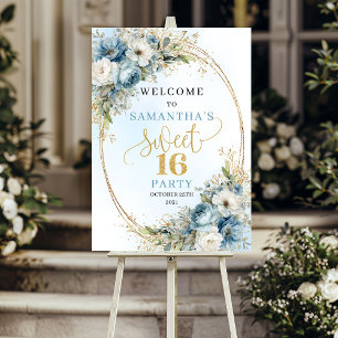 Watercolor dusty blue florals gold frame sweet 16 poster