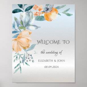 Watercolor Dusty Blue Flowers Silver Wedding Poster