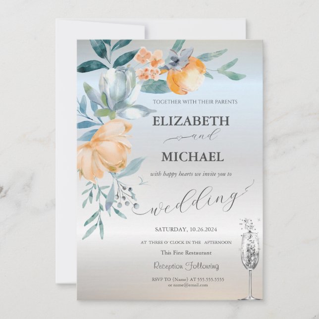 Watercolor Dusty Blue Flowers Wine Glass Silver Invitation (Front)