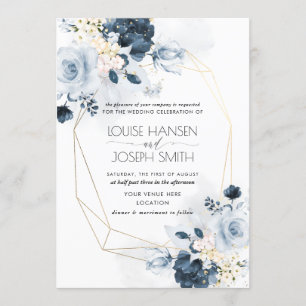 Watercolor Dusty Blue Garden Roses Wedding Invitation