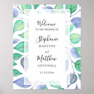 Watercolor Dusty Blue Green Leaves Foliage Wedding Poster