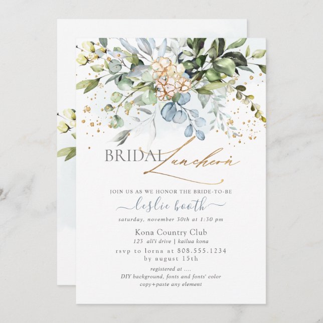 Watercolor Dusty Blue Gum Eucalyptus Bridal Shower Invitation (Front/Back)