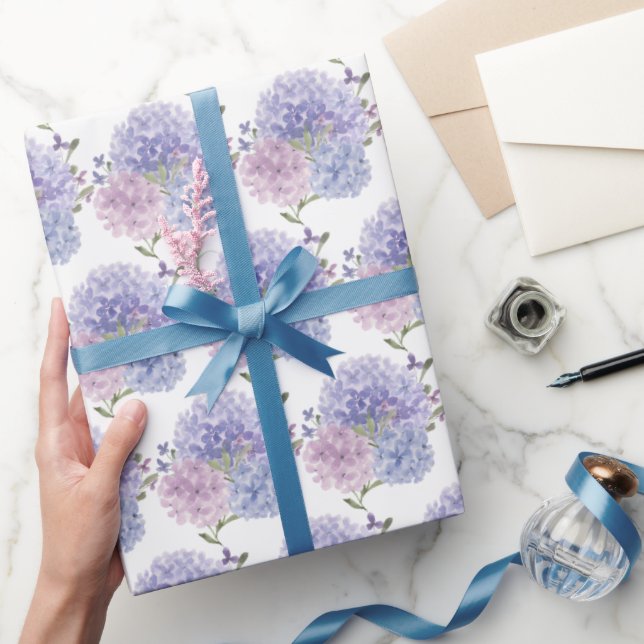 Watercolor Dusty Blue & Lilac Hydrangeas Wedding Wrapping Paper (Gifting)