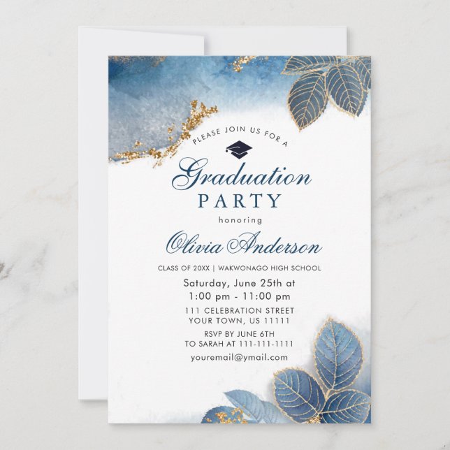 Watercolor Dusty Blue Modern Graduation Party Invitation (Front)