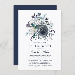 Watercolor Dusty Blue Navy Floral Baby Shower Invitation