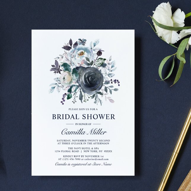 Watercolor Dusty Blue Navy Floral Bridal Shower Invitation (Watercolor Dusty Blue Navy Floral Bridal Shower Invitation)